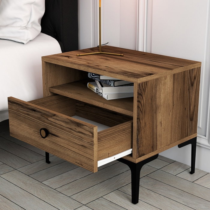 Hanah Home Mesilla de Noche Lizbon 532 Nogal 56x50.8x40cm | Tablero Melamina 18mm | Patas Metal